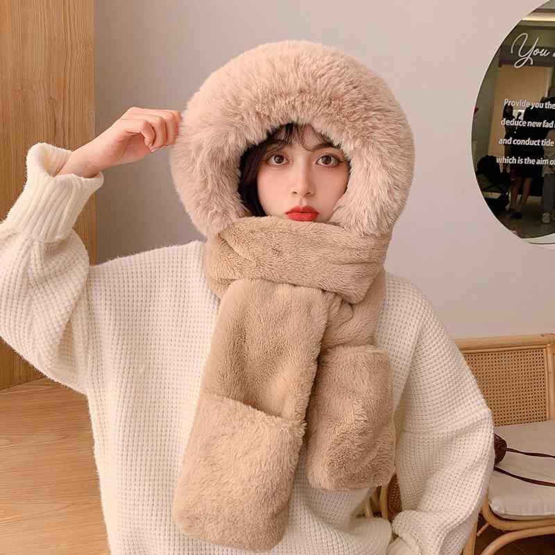 帽子 レディース 冬 雷峰 マフラー 手袋 一体型 小顔効果 ウール 旅行 アウトドア かわいい 猫耳 カーキ 白 ベージュ