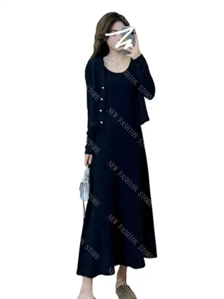 ニットワンピースレディース秋冬フレンチロングスカート2点セット-32