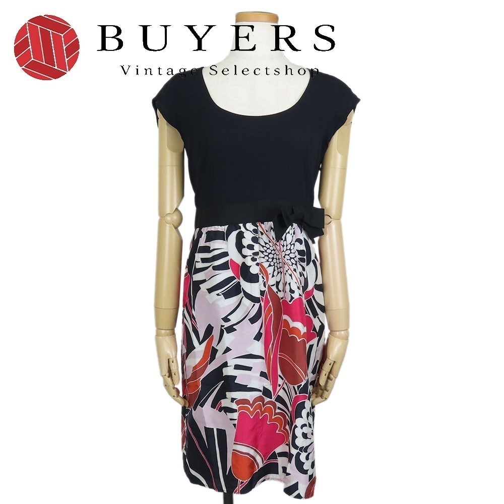 中古 ワンピース 38 レーヨン ポリウレタン アセテート ブラック ピンク ホワイト プリント 花柄 MARELLA レディース 女性