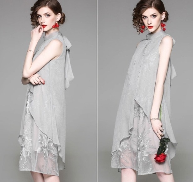 パーティードレス 刺繍 Aライン ノースリーブ 2色 ハイネック ミディ丈 膝丈 チュール 透け感 異素材ミックス フレア エレガント 上品 パーティー 結婚式 二次会 お呼ばれ ワンピース