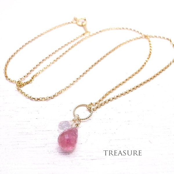 ブリオレットカットピンクトルマリンとローズクォーツの14KGFゴールドフィルドネックレス treasure [トレジャーコレクション]