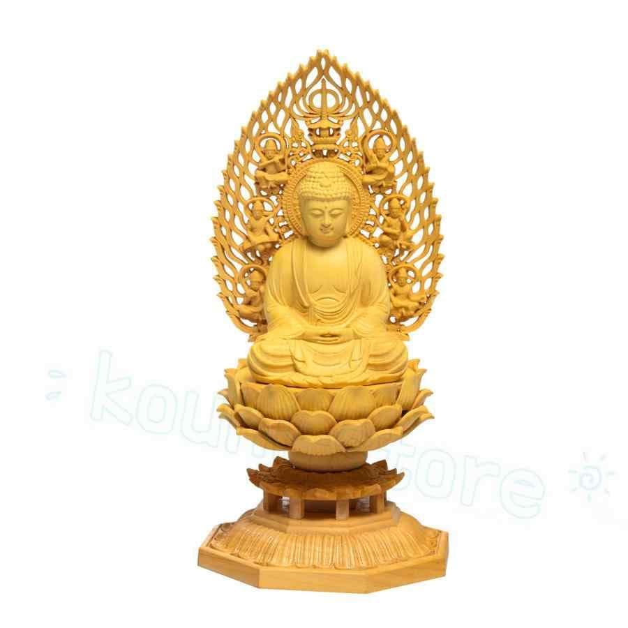 仏像 木彫り 置物 釈迦如来 TheChanger 仏壇仏像 祈る 厄除け 柘植の木 飛天光背 八角台座 （高さ17cm×巾8.5cm×奥行8.5cm） 釈迦如来-17CM