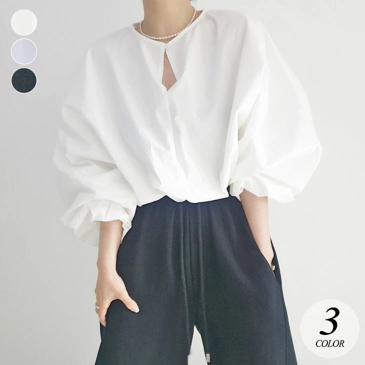 【2025新作 急速出荷】ボリュームスリーブ プルオーバー シャーリング ブラウス 長袖 トップス ショート丈 袖口ゴム 裾ゴム 無地 ゆったり 大きめ 可愛い カジュアル フェミニン きれいめ 春