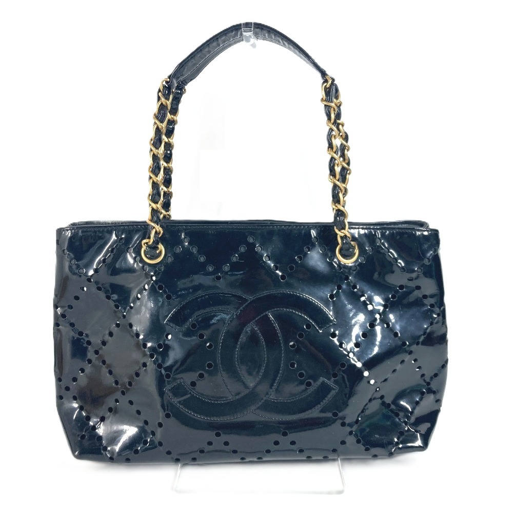 ショルダーバッグ パンチング CC ココマーク Wチェーンバッグ 肩掛け ショルダーバッグ パテントレザー ブラック