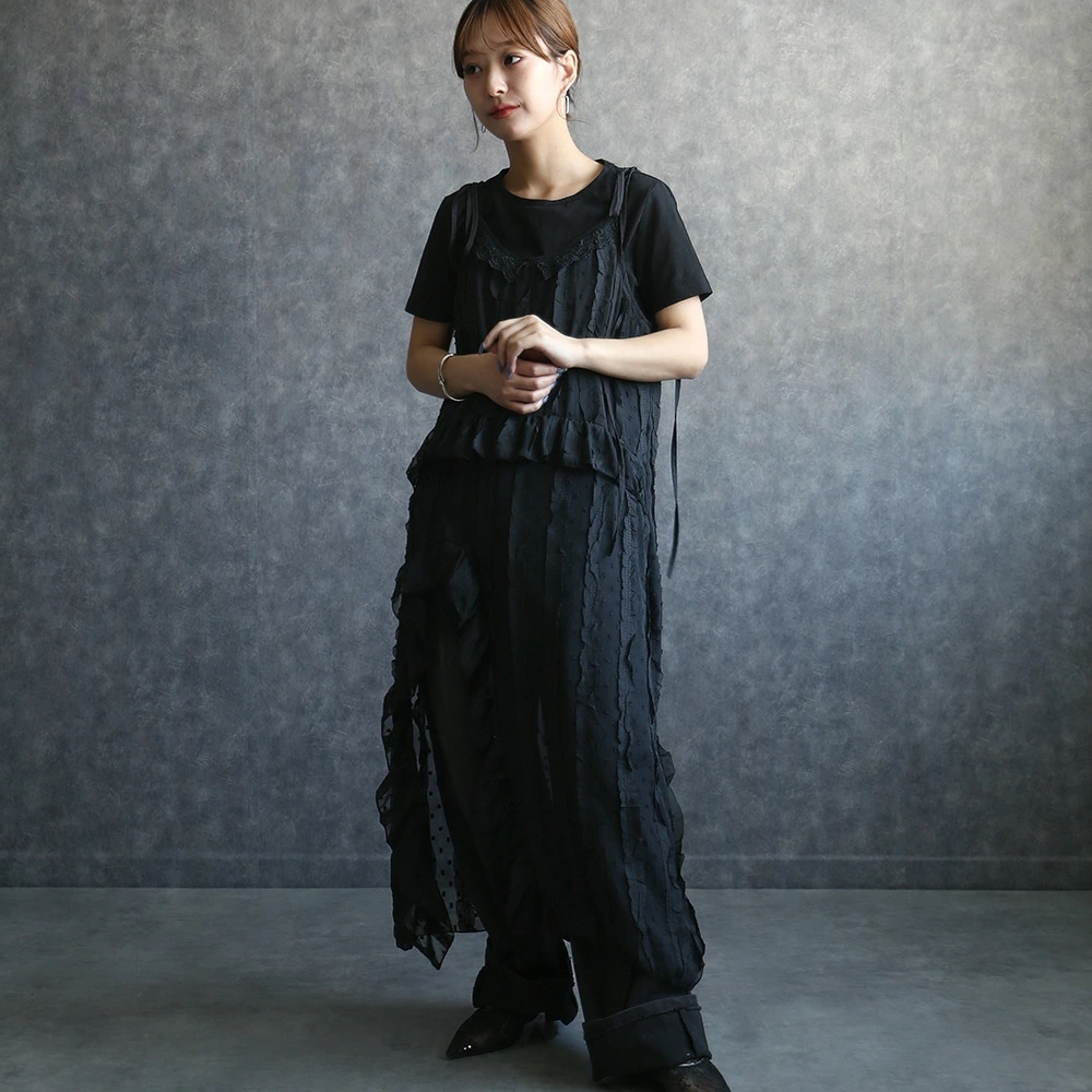 キャミソール ワンピース ロング ドット フリル ドット×フリルキャミソールワンピース レイヤード レディース 黒 ブラック 春 夏 秋 冬 送料無料