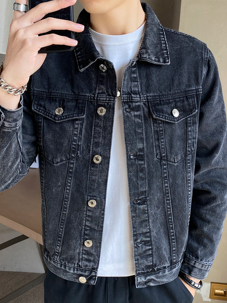 春秋用メンズブラックデニムジャケット春向けメンズ折り襟ジャケットレトロなショート丈デニム服