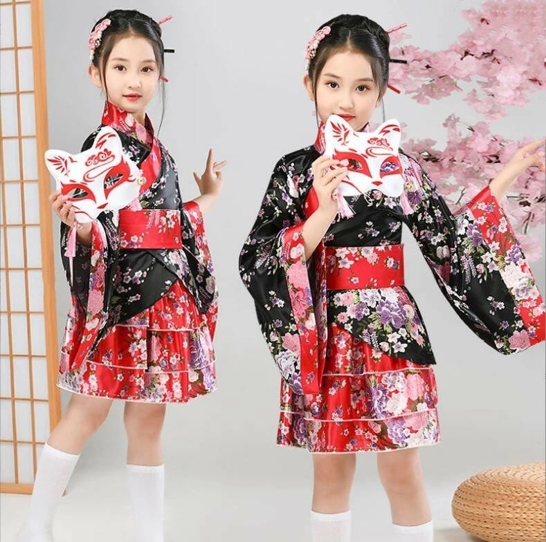 迅速な出荷 子供着物 女の子ロリータコスプレ衣装 交差和服 ハロウィンコスプレ衣装 花柄プリント コスチューム 着物ドレス 長袖 3点セット 文化祭 学園祭 祭り羽織 花火大会 花見 イベントアニ