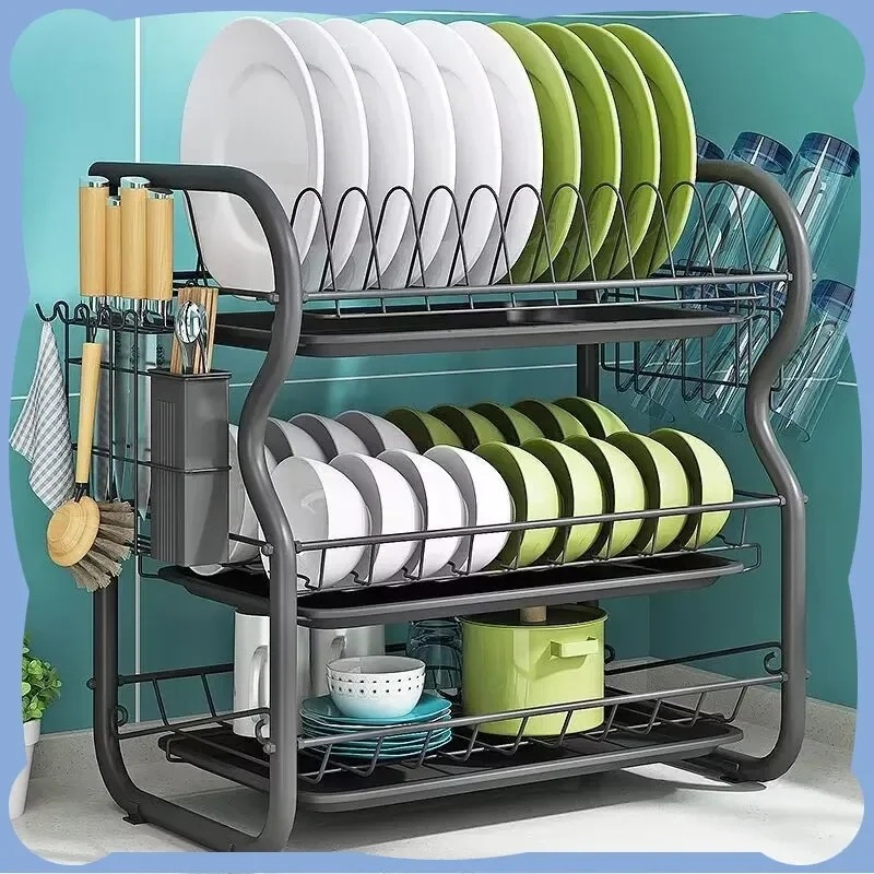 ステンレス製ドライラックボウル,3レベル乾燥トレイホルダー,キッチンオーガナイザー