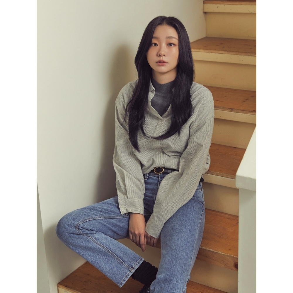 DEPOUND Vネックカラーシャツ グレーストライプ