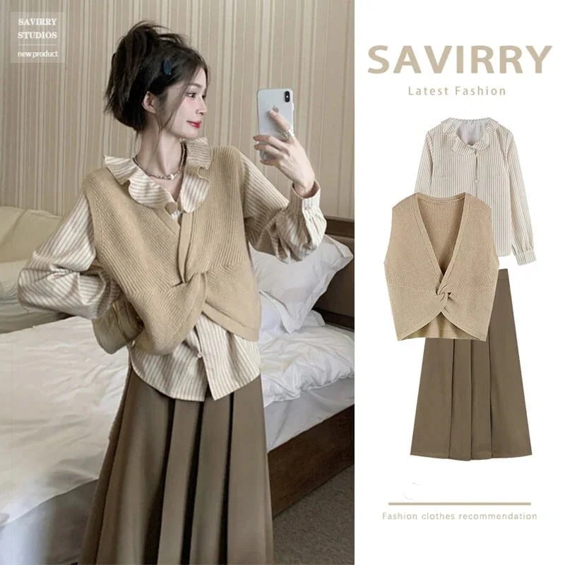 韓国女子 2023春新作【SAVIRRYシリーズ】3点セット 韓国系 体型カーバー シャツ+ベスト+スカート セットアップ ニットセーター スカート 韓国 カジュアル アーガイル セットアップ スカー