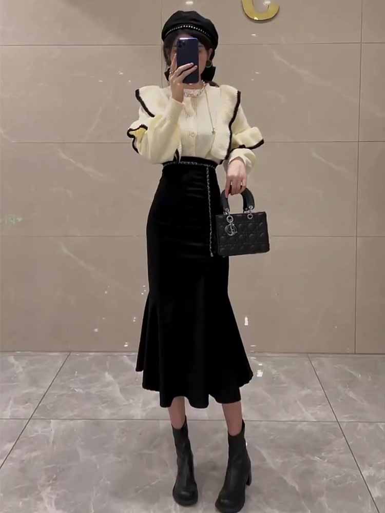 韓国デザイン 秋服ゆったりニットセーターコート着+セクシータイトスカート