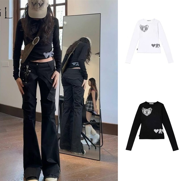 【OPEN Yy】 RIBBED YY HUG&HEART TOP : BLACK WHITE (2カラー)【並行輸入品】