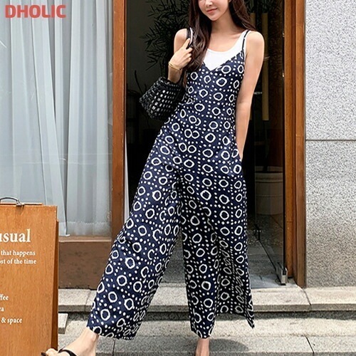 [メガ割りSALE]バックゴムロングラウンドネックプリントセットアップオールインワンタンクトップ