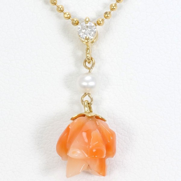 K18 18金 YG ネックレス サンゴ パール(真珠) ダイヤ ジュエリー 中古