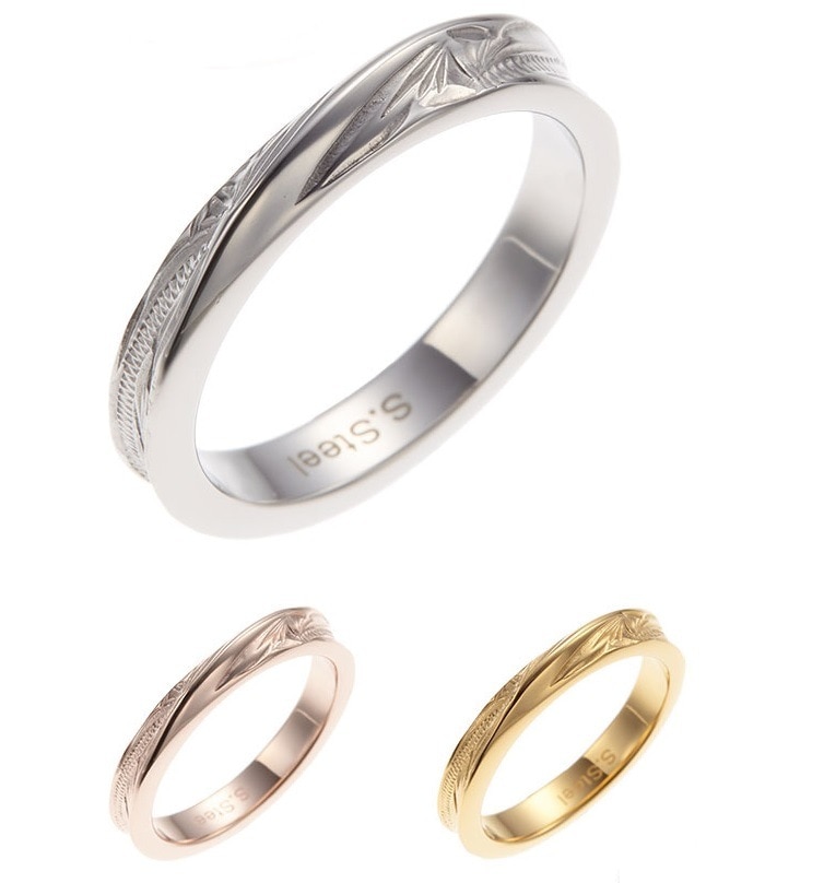 リング レディース メンズ ペア サージカルステンレス製 ハワイアンジュエリー ハワジュ 斜めカット 波 スクロール 葉 マイレ シンプル 華奢 お肌に優しい 金属アレルギー対応 お揃い 誕生日 記念 5,451円