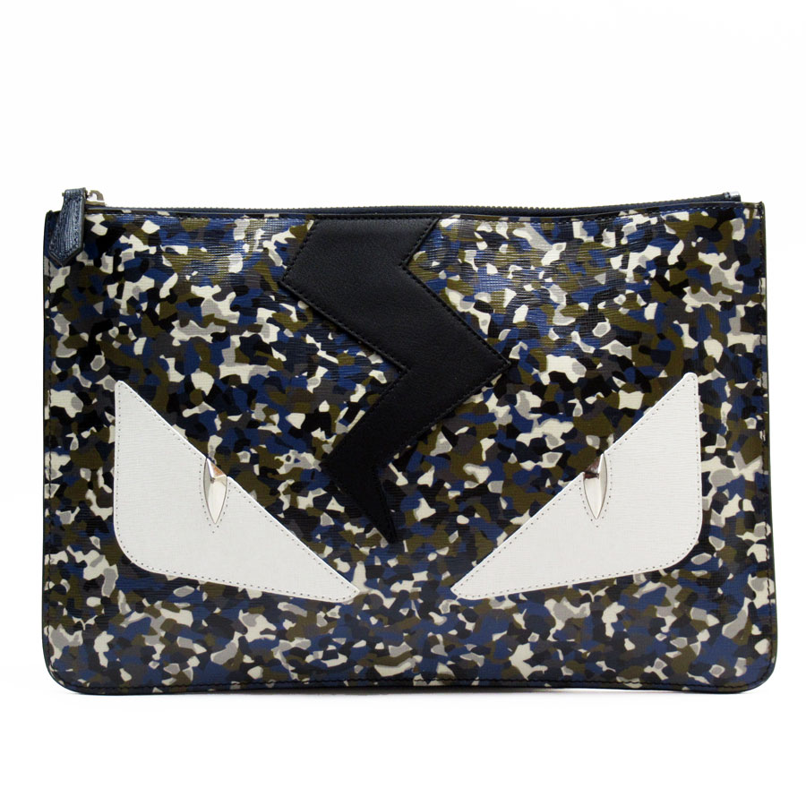 フェンディ FENDI クラッチバッグ モンスター レザー ネイビー/ブラック/ホワイト/カーキ シルバー メンズ 7N0078-5X1 w0768g