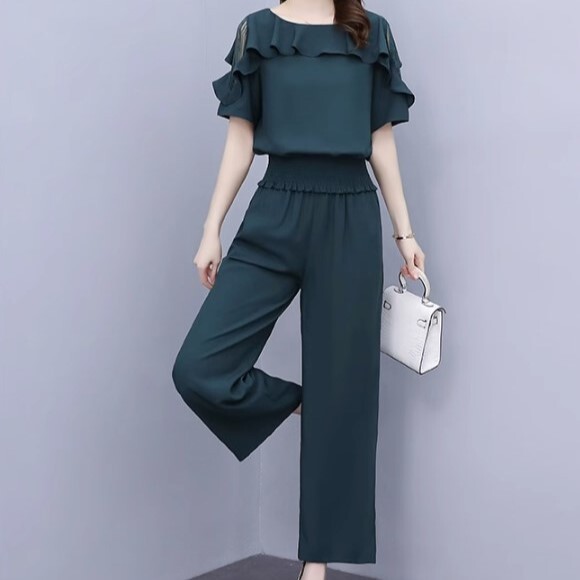 セットアップ ブラウス ワイドパンツ アンクル丈 袖あり 半袖 レース ラウンドネック 襟なし ワイド レース フリル ウエストマーク ポケット 透け感 上下セット 2点セット きれいめ 大人 上品