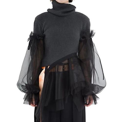 【即納】トップス ニット セーター チュール 切替 韓国 無地 オフタートルネック 秋 冬 長袖 おしゃれ 可愛い 個性的 シフォン アシンメトリー リボン ニットソー シアー フリル ランタンスリー 5,477円