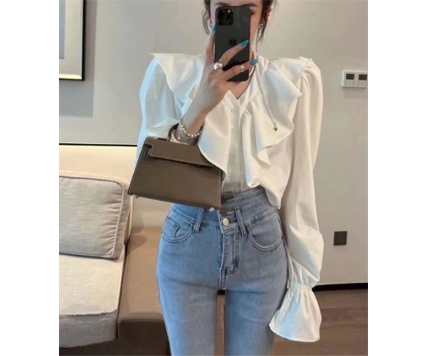 レディース トップス シャツ ショート 長袖 ボリューム袖 ランタンスリーブ Vネック フリル 異国風 ボタン かわいい 大人可愛い シンプル カジュアル 上品 おしゃれ レトロ ガーリー ルーズ