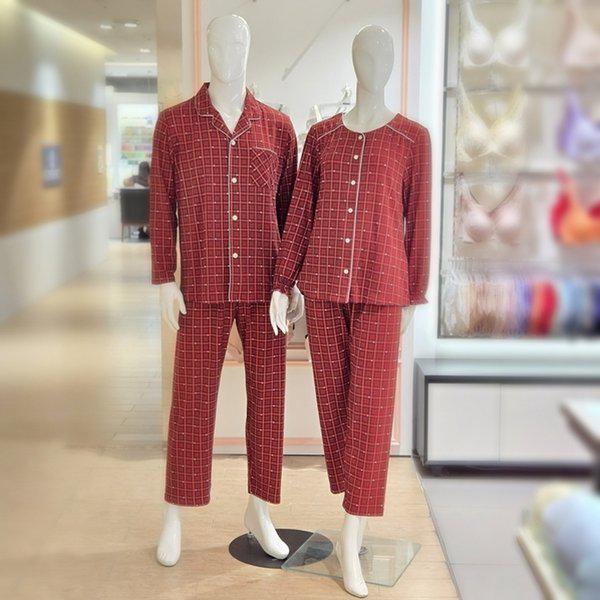 ポリ起毛ハートチェック 男性女性 カップルパジャマ MP8879A WP8879R-RED_s
