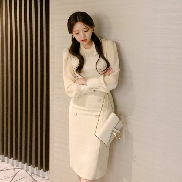 op13181 ボウタイ付きドッキングツイードワンピース