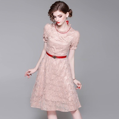 結婚式パーティドレス総レース 半袖 ベルト付き パーティドレス 結婚式ドレス 結婚式