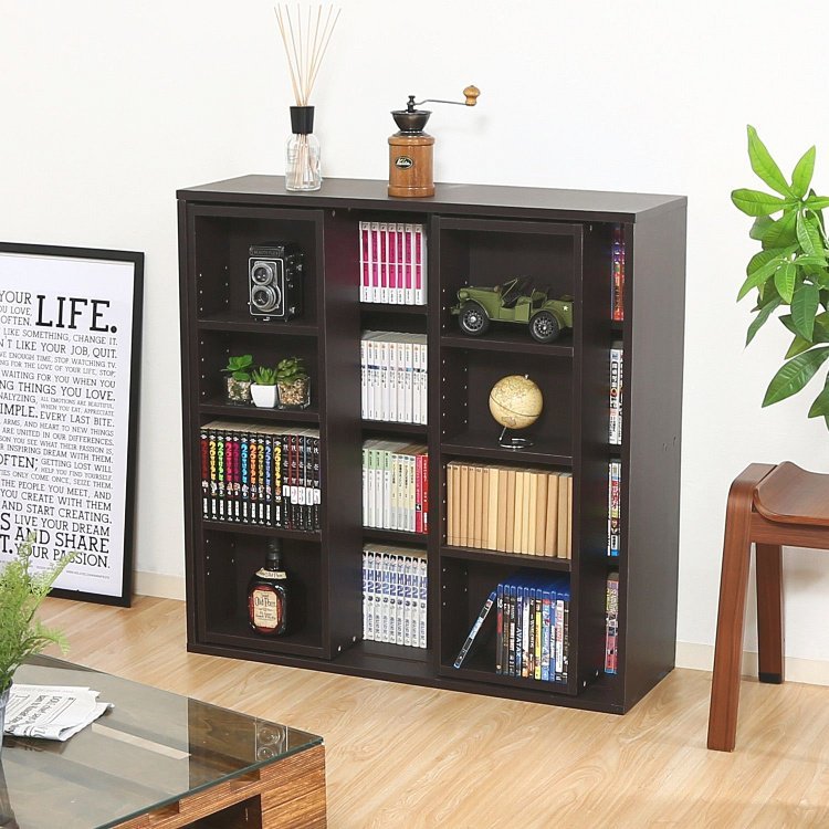 本棚 おしゃれ ダブルスライド 4段 89×29×89cm ダークブラウン 8,330円