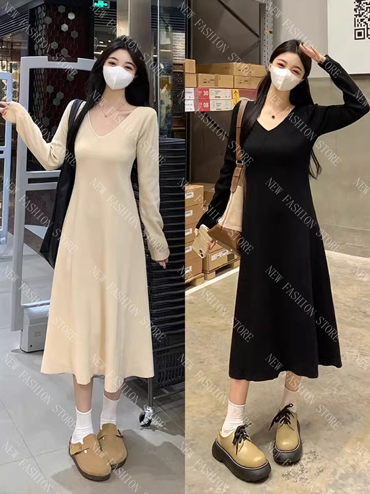 オーバーサイズフレンチVネックニットワンピースレディースボトムスカート-87