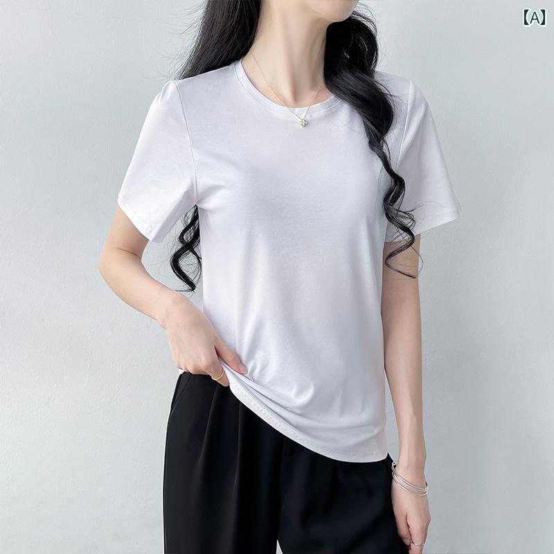 レディース Tシャツ 半袖 夏 ラウンドネック 白 シンプル ベーシック 無地 トップス 多用途 快適 コットン スリムフィット 軽量