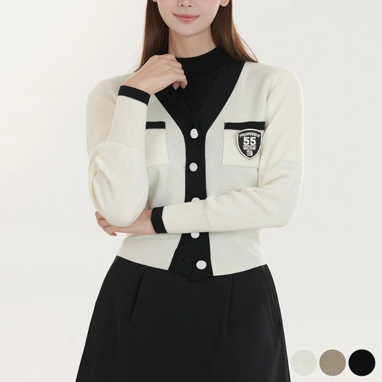 ゴルフウェア カーディガン レディース 韓国 Vネック 長袖 ニット ニットカーディガン バイカラー 配色 春 秋 冬 秋冬 ベージュ 白 グレー