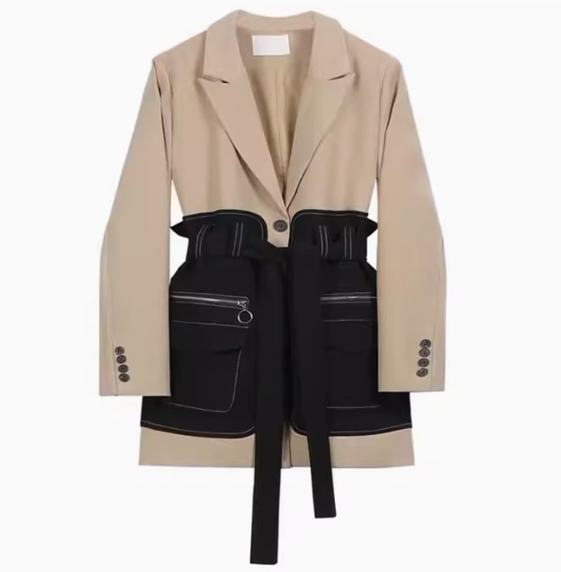 レディース ジャケット 丈長 長袖 Vネック 襟付き スリム 細身 切り替え フェミニン リボン ベルト ウエストマーク ファスナー ポケット ハイウエスト 前開き 切り替えデザイン 薄手 大人可愛い