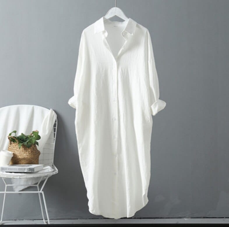 ワンピース デート かわいい 大人可愛い きれいめ シンプル カジュアル 大人 上品 おしゃれ ロング丈 長袖 シャツ 無地 オフィス 通勤 通学 ホワイト　カーキ ブルー 韓国 L 着回し 春夏