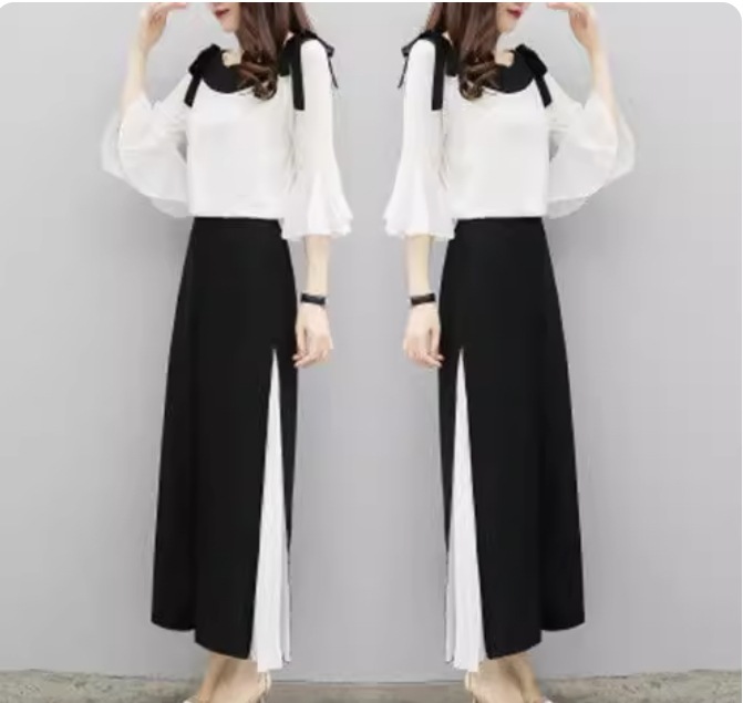 トップス ボトムス パンツ セットアップ カットソー ズボン 膝下 ロング ロング丈 袖あり 5分袖 五分袖 フレアスリーブ ラウンドネック ボートネック セミフレア 上下セット 2点セット