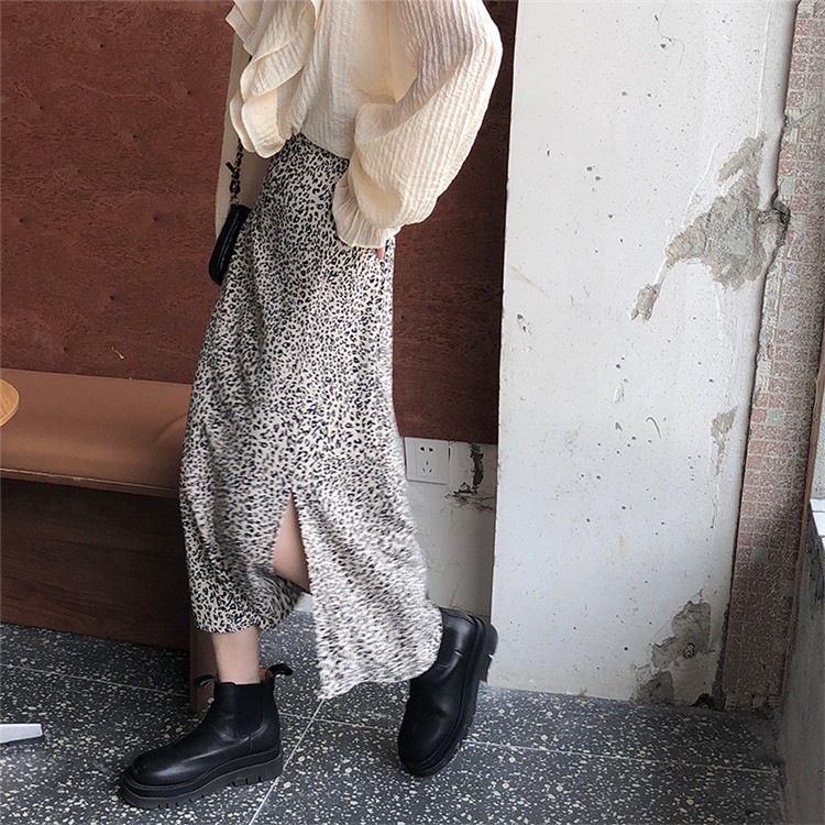 今だけの特別価格 激安セール 百掛け スプリット ヒョウ柄 プリント Aライン 中長セクション スカート 気高い ロングスカート 気質