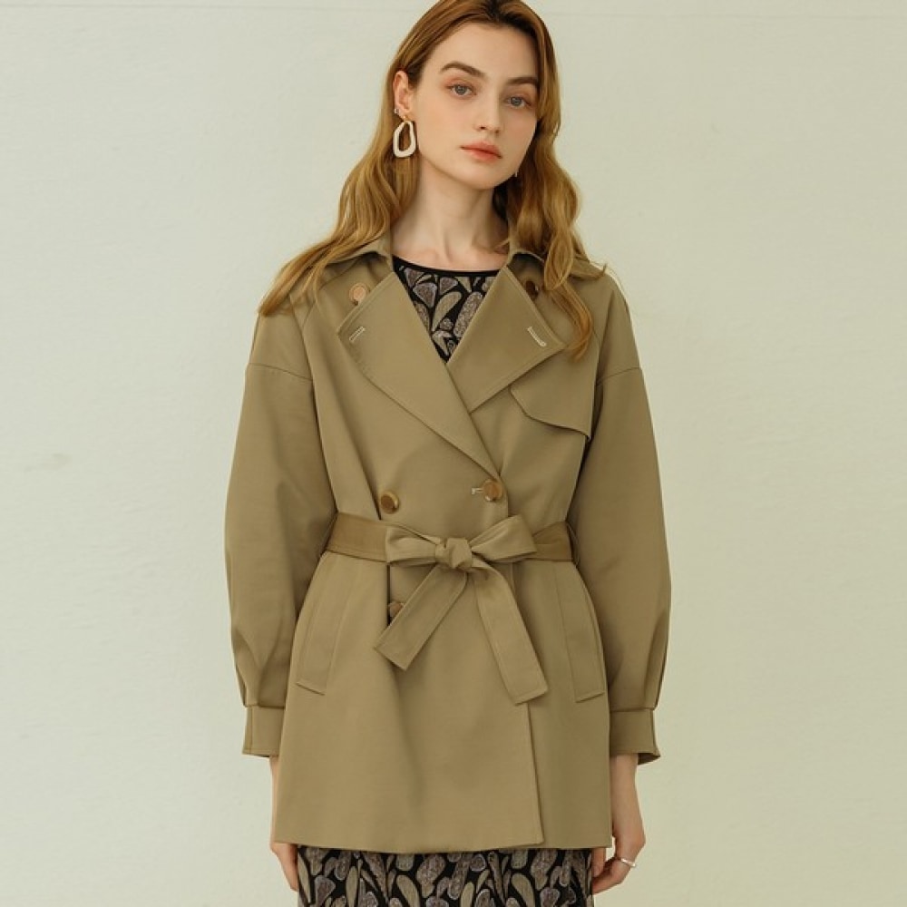 (Max Cartiggio) ベルト付きダブルボタンハーフトレンチコート