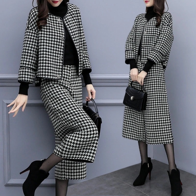 【最新モデル登場！！】 セットアップ レディース ワイドパンツ 千鳥格子 ハイウエスト 九分丈 ジャケット ノーカラー 長袖 大きいサイズ 着痩せ 結婚式 卒業式通勤 秋 冬 ２点セット