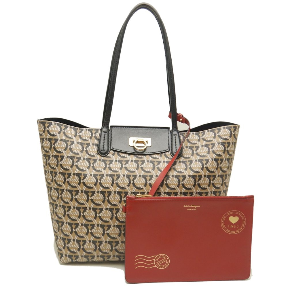 ガンチーニ 21I0120726588 トートバッグ PVCxレザー ベージュ ブラック レディース /253139【中古】