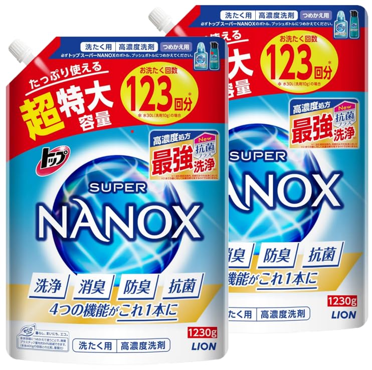 【まとめ買い】トップ ナノックス(NANOX)【大容量】トップ スーパーナノックス 蛍光剤・シリコーン無添加 高濃度 洗濯洗剤 液体 詰め替え 超特大1230g x2個セット (1230g x 2袋)