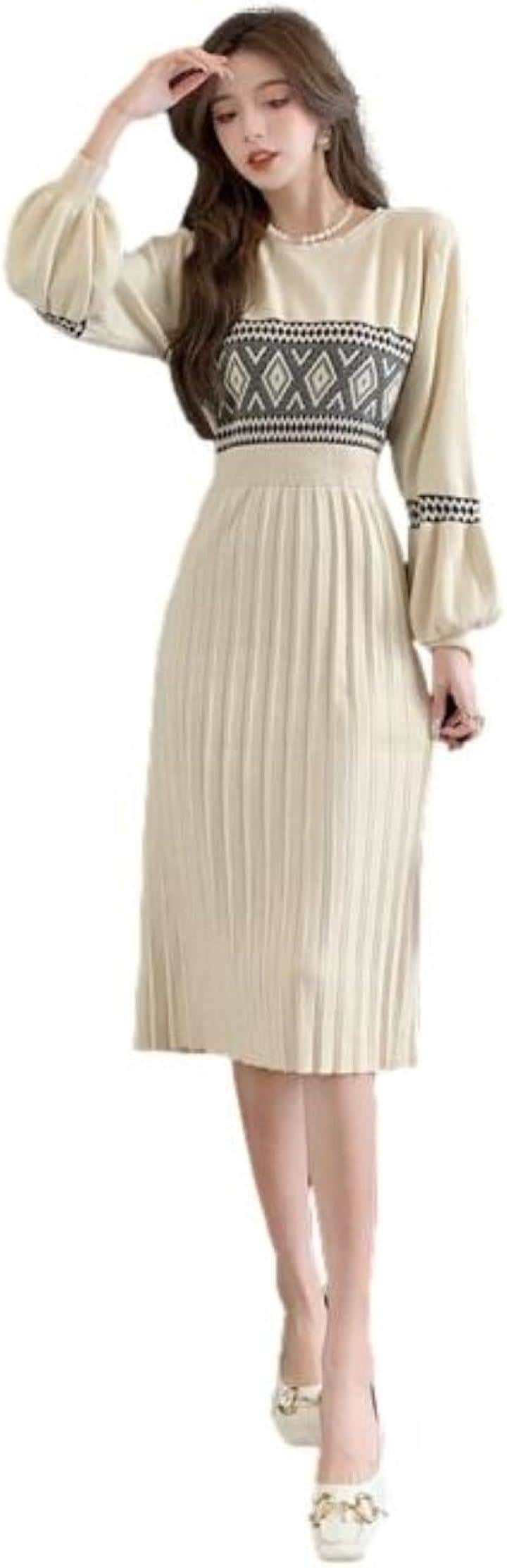 ニットワンピース レディース ミモレ丈 長袖 バルーンスリーブ 幾何学模様 プリーツ ラウンドネック 縦長シルエット レディースファッション きちんと感 ふわふわ(アイボリー, S)