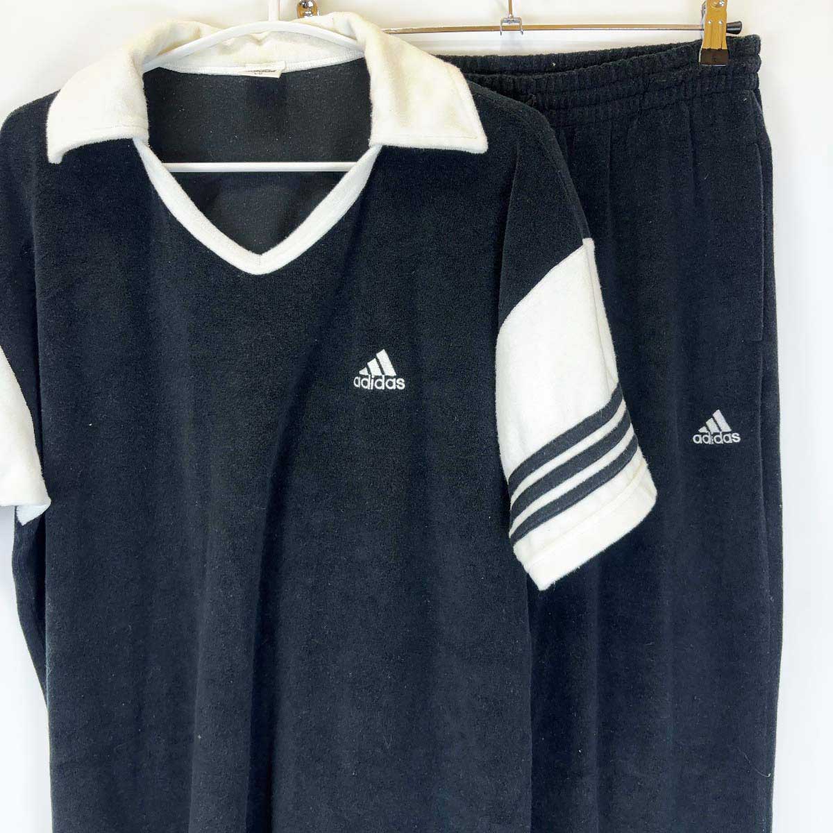 【中古】[上下セット] アディダス 半袖 トップス トラックパンツ ジャージ ゴムウエスト パイル地 ライン L-O ブラック メンズ ADIDAS デサント ビンテージ セットアップ