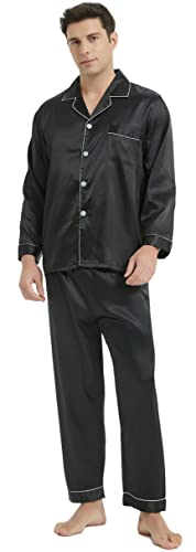 [KUMASEN] メンズ パジャマ シルク サテン 上下セット ルームウェア 部屋着 長袖 肌に優しい 前開き ブラックL