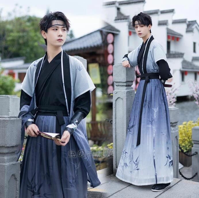 中華コスプレ衣装 メンズ 漢服5点セット チャイナ服 中華服 ハロウィン 中国古代 時代劇コスプレ衣装 男性 大人 華流 コスチューム 交差襟 長袖ブラウス ロング 袴風巻きスカート 半袖羽織 グラデ
