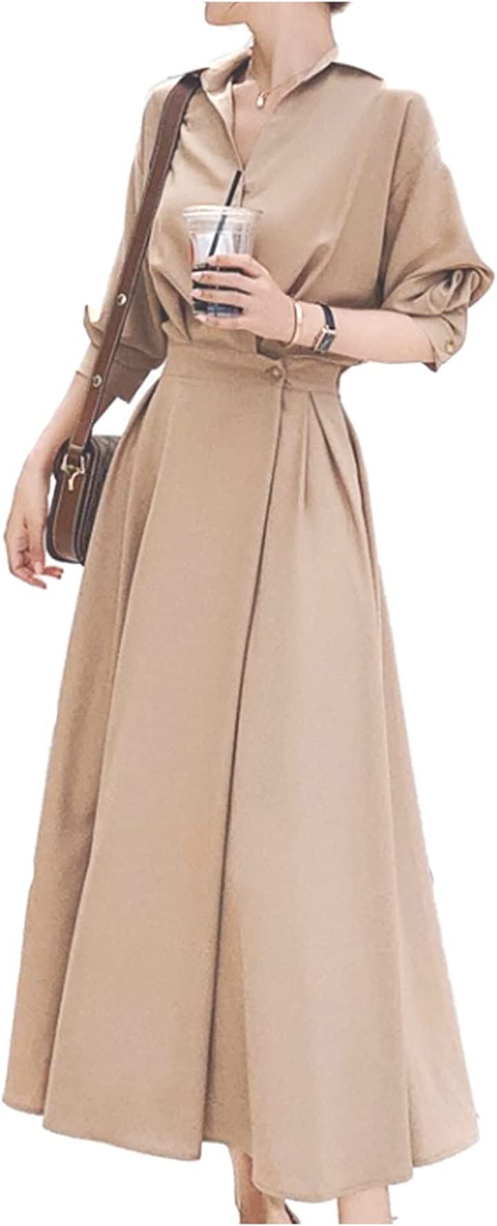 ロングフレアワンピース 襟付き きれいめ 長袖 レディース(ブラウン, XL)