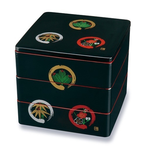 紀州塗り　７寸　三段　重箱　黒内朱　丸に松竹梅