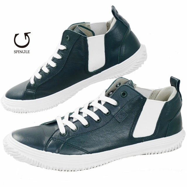 スピングル メンズ スニーカー サイドゴア ミッドカット レディース カジュアルシューズ メイドインジャパン カンガルーレザー 日本製 SP-442 ディープグリーン 靴