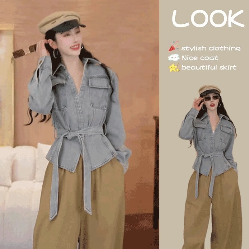 春と秋のコーディネートは女性のビンテージのデニムコートを着て痩せて見えるワイドパンツの2枚のスーツの潮を合わせます