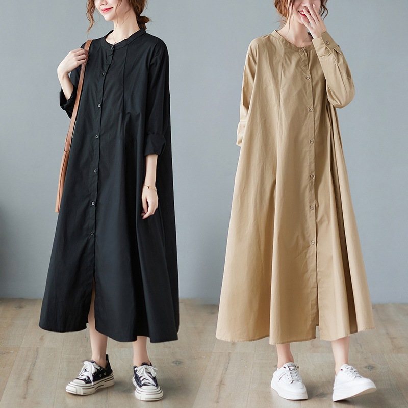 ワンピース シャツワンピース フレアワンピース ロング丈 袖あり 長袖 ラウンドネック 襟付き スタンドカラー フレア ワイド Aライン ポケット 前開き かわいい 大人可愛い きれいめ シンプル