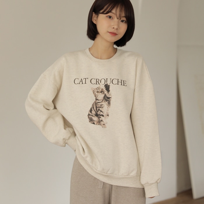 [韓国ファッション] 裏起毛 CATプリント スウェットプルオーバー