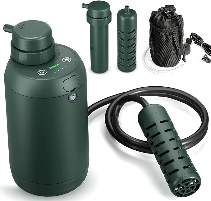 携帯浄水器 アウトドア 濾過器 サバイバル浄水器 USB電動 登山 キャンプ 野営 災害用 防災用 グッズ 軽量 LED電灯搭載 GS-2801 フィルター 2個セット ディープグリーン