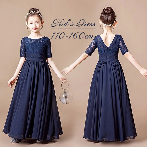 ロングドレス ピアノ発表会 中学生 ワンピース ドレス 女の子 ロング丈 ファスナー 子供ドレス お姫様 着やせ 上品 エレガント 結婚式 フォーマル キッズドレス ネイビー